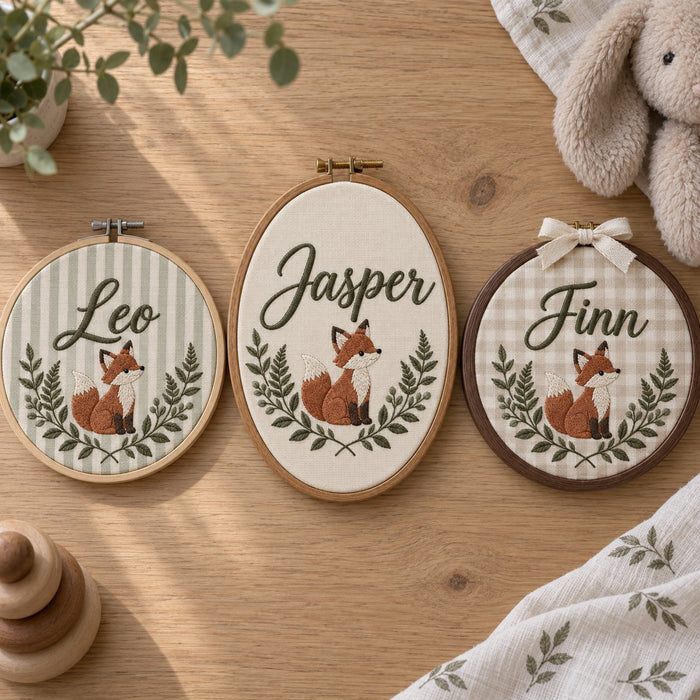 Three fox name hoops: bamboo round on sage stripe, oval on cream linen, walnut-look round on beige gingham
