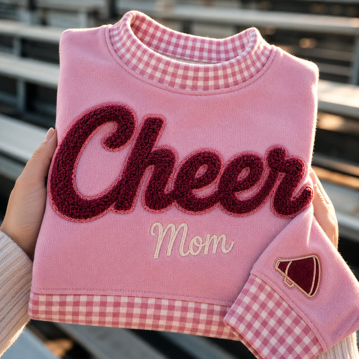 Cheer Mom Mockneck — Chenille Script, Megaphone on the Sleeve