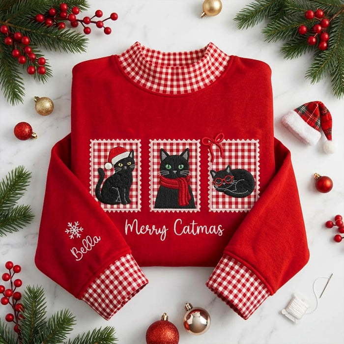 Merry Catmas Mockneck — Three Stitched Cats, Their Name on the Sleeve