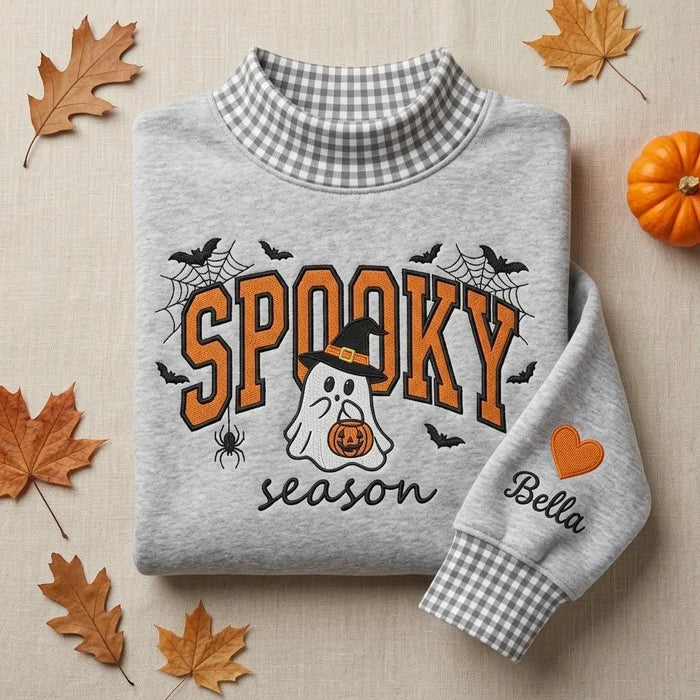 Spooky Season Mockneck — Ghost Appliqué, Their Name on the Sleeve