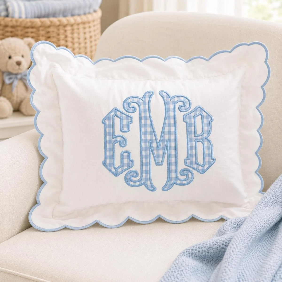 Scalloped Monogram Pillow — Gingham Initials, Coloured Edge