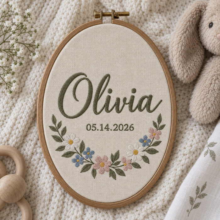 Machine-embroidered baby name hoop: Olivia in script with the date 05.14.2026 and a crescent of small flat-stitched flowers, oval wooden hoop