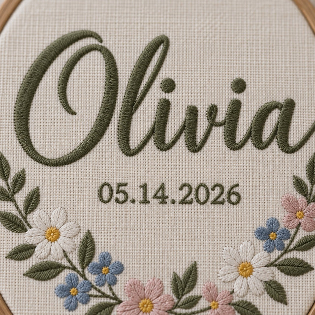 Close-up of the satin-stitched script letters, date and flowers on linen