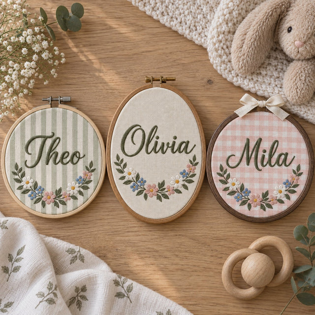 Three baby name hoops: bamboo round on sage stripe, oval on cream linen, walnut-look round on pink gingham