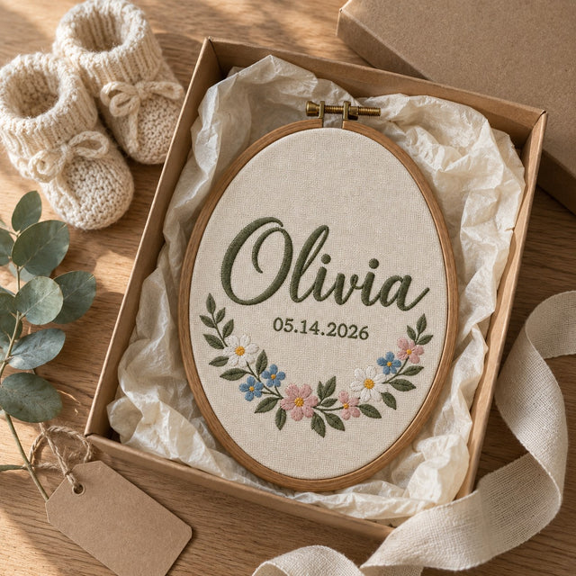 Baby name hoop in a kraft gift box with knitted baby booties
