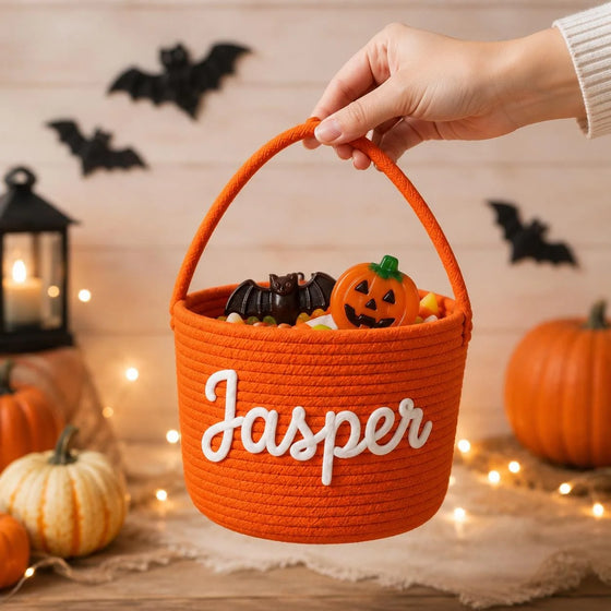 Halloween Treat Basket — Rope Basket, Their Name in Chunky Yarn