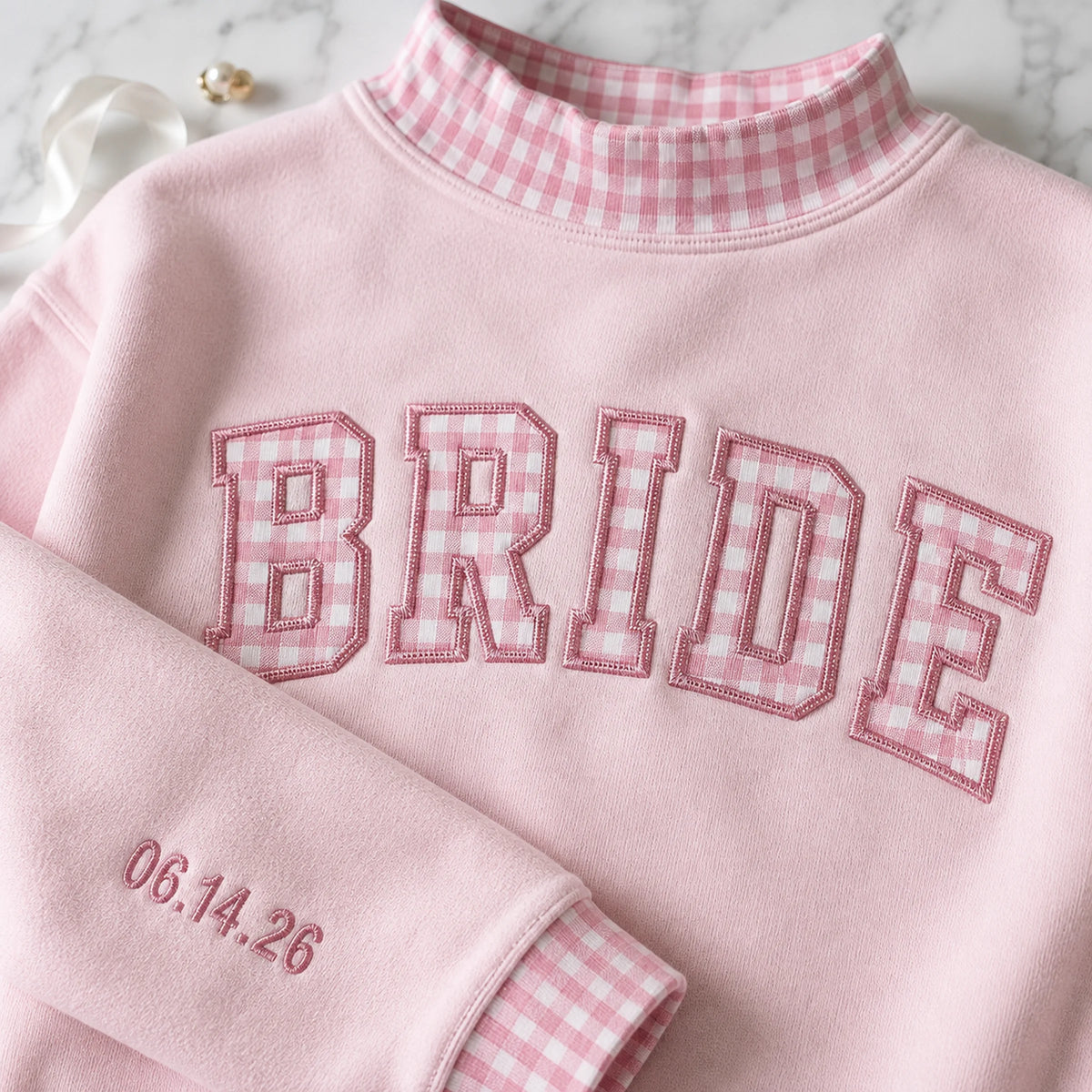 Bride Varsity Mockneck — Gingham Letters for the Getting-Ready Photos