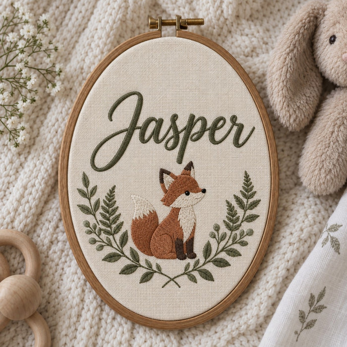 Machine-embroidered woodland fox name hoop: Jasper in script above a small sitting fox and a wreath of ferns, oval wooden hoop