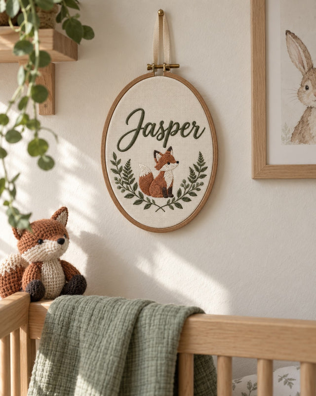 Woodland fox name hoop hanging on a nursery wall above a wooden crib