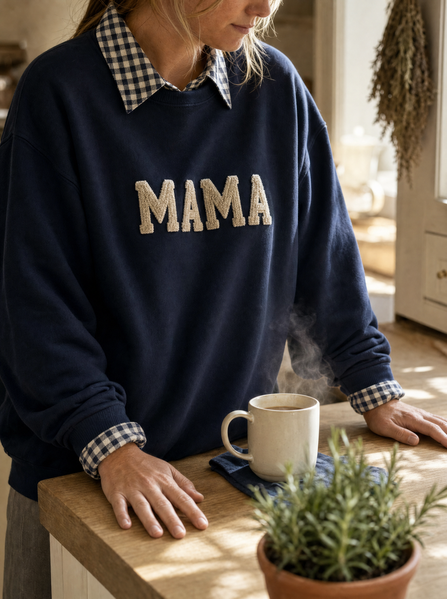 A woman at a sunlit kitchen island in a navy mockneck with MAMA in cream chenille and a gingham collar