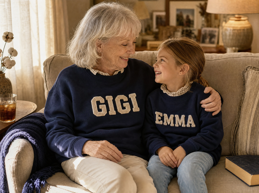 A grandmother in a GIGI mockneck beside her granddaughter in an EMMA mockneck, both with gingham collars