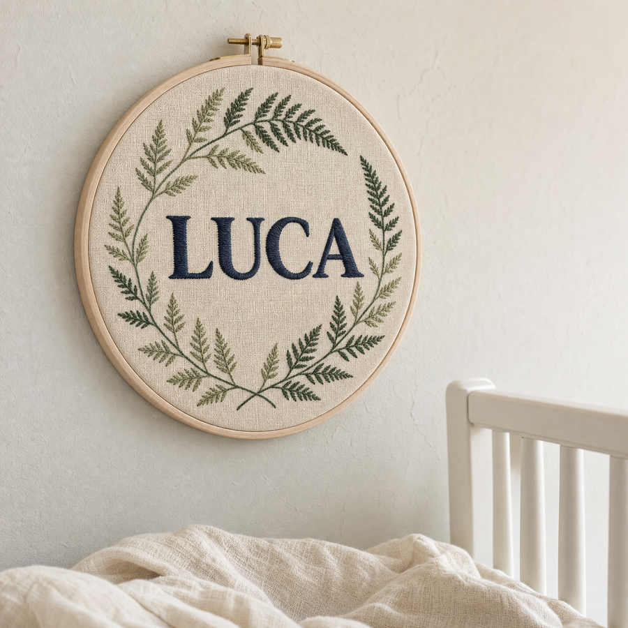 An embroidery hoop on a nursery wall with LUCA stitched inside a wreath of ferns