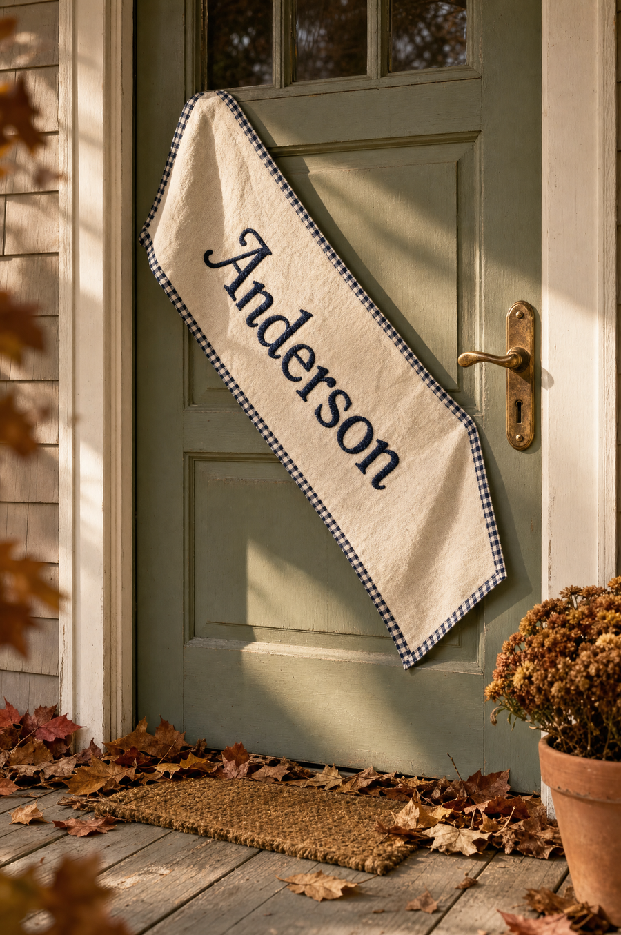 A linen door sash embroidered Anderson with a gingham edge, hung on a green front door in autumn