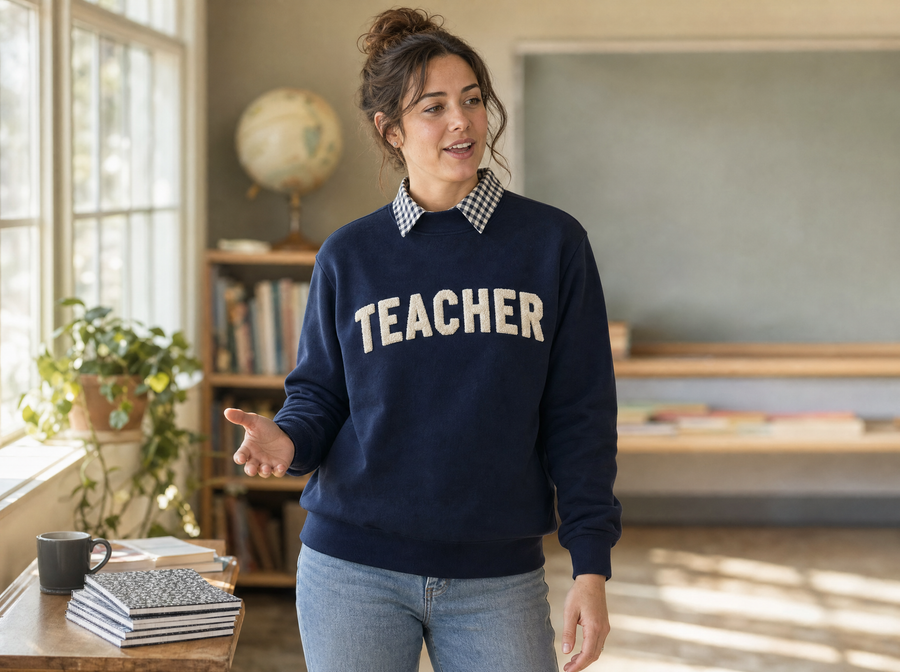 A teacher in a navy TEACHER mockneck at the front of a sunlit classroom