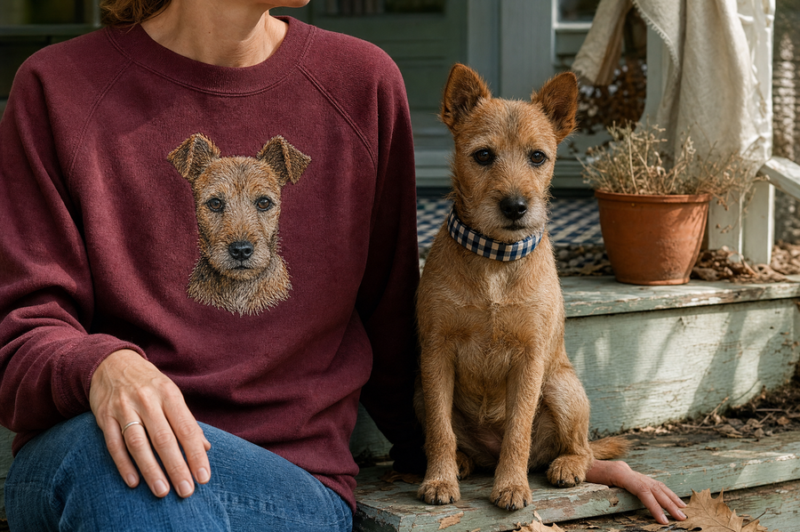 A terrier on a porch step beside its owner, whose maroon sweatshirt carries the dog's portrait in thread