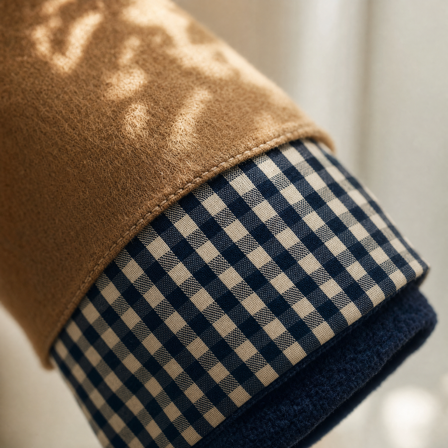 Extreme close-up of a navy gingham cuff emerging from a camel wool coat sleeve