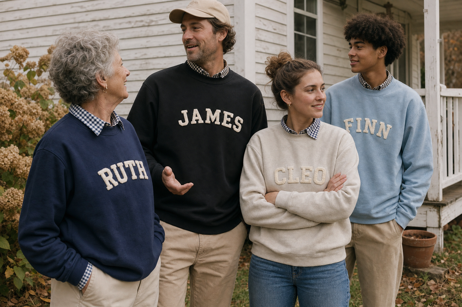 Four people of different ages outside a clapboard house in RUTH, JAMES, CLEO and FINN sweatshirts