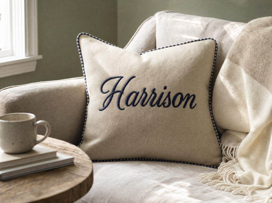 An oatmeal linen cushion embroidered Harrison with gingham piping, on a sofa in afternoon light