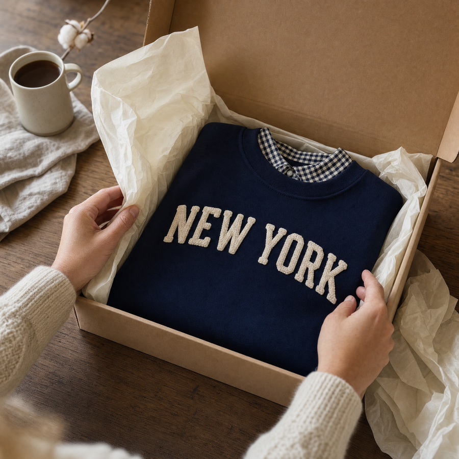 Hands folding back tissue in a plain box to reveal a navy NEW YORK sweatshirt with a gingham collar