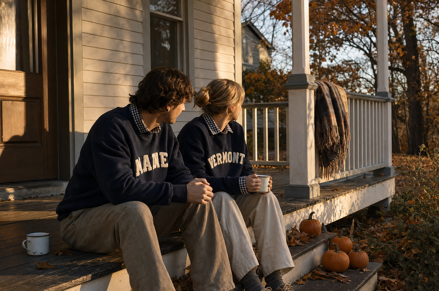Two people on the steps of an American porch at golden hour in MAINE and VERMONT sweatshirts