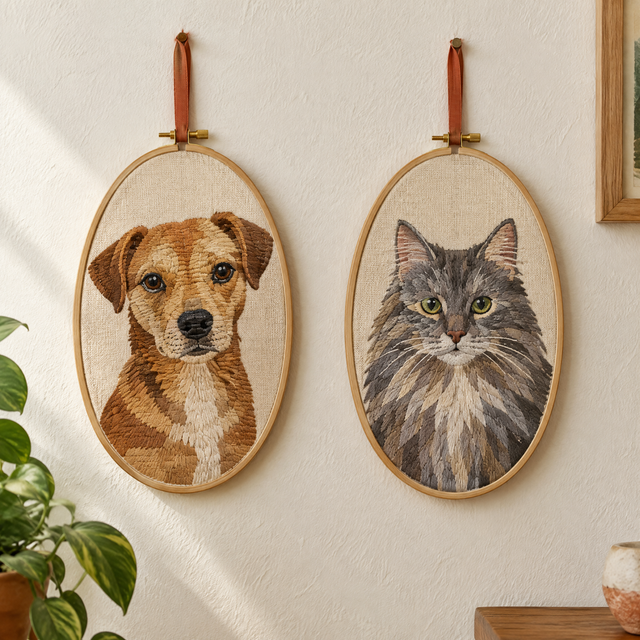 Two oval embroidered pet portrait hoops, a dog and a cat, hanging side by side on a wall
