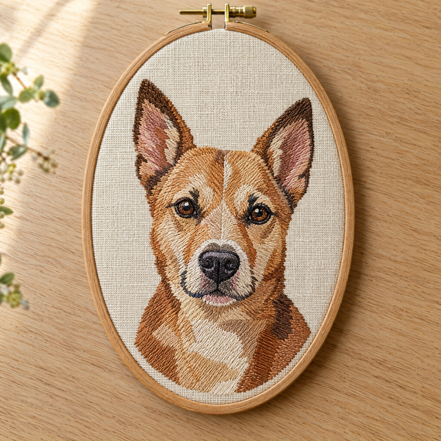 Machine-embroidered portrait of a short-haired tan dog on cream linen in an oval wooden hoop