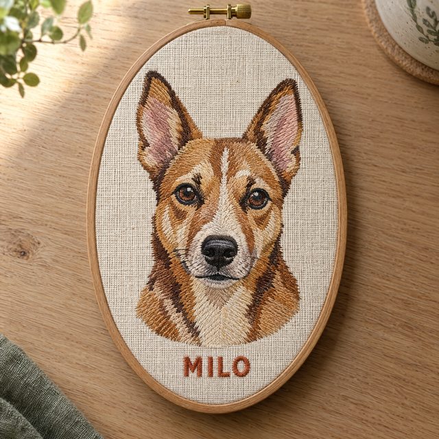 Embroidered dog portrait with the name MILO stitched underneath in terracotta thread