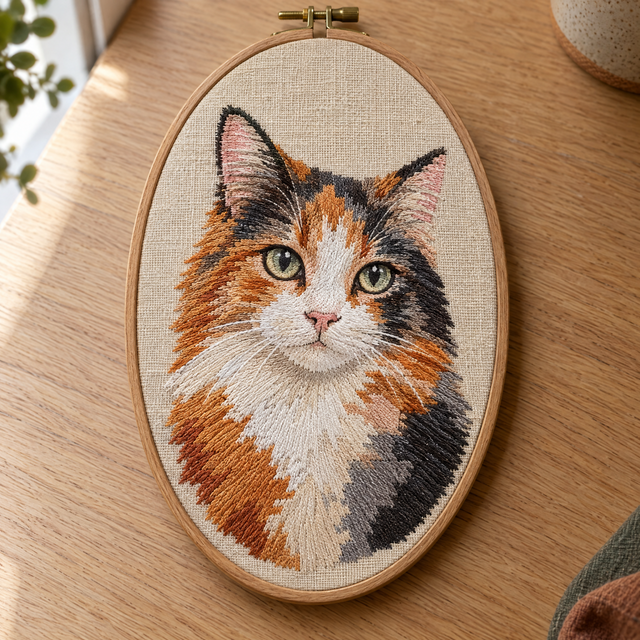 Embroidered portrait of a long-haired calico cat, thread colours stepping in bands, in an oval hoop