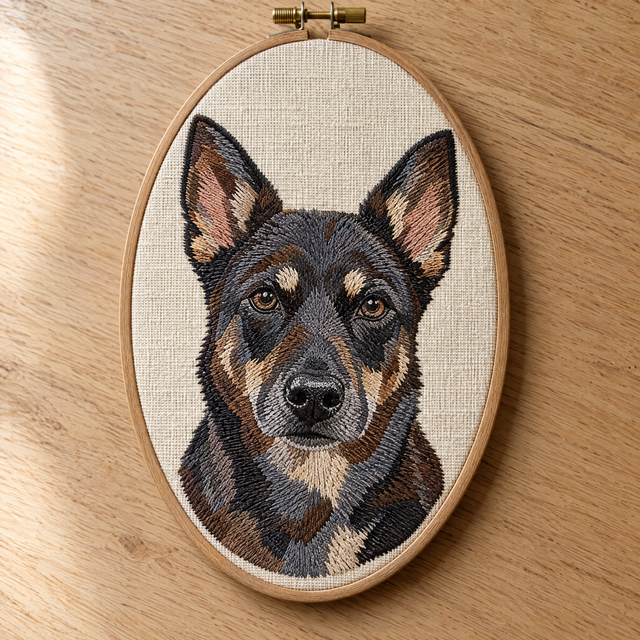 Embroidered portrait of a black-faced dog, the dark coat built from charcoal, brown and slate thread