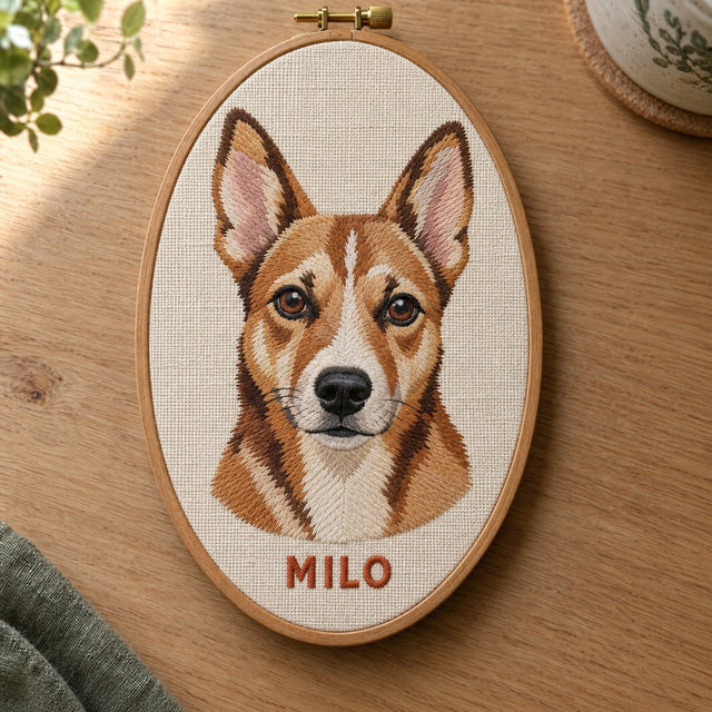 Embroidered dog portrait with the name MILO stitched underneath in terracotta thread