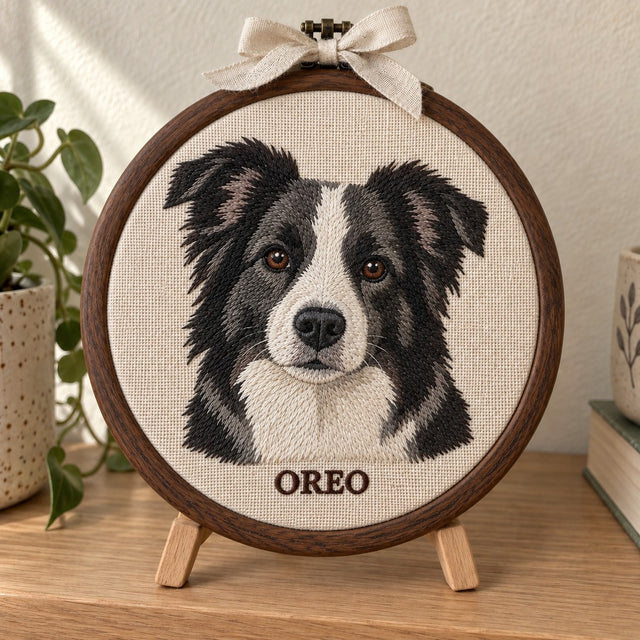 Embroidered border collie portrait named OREO in a round walnut-look hoop