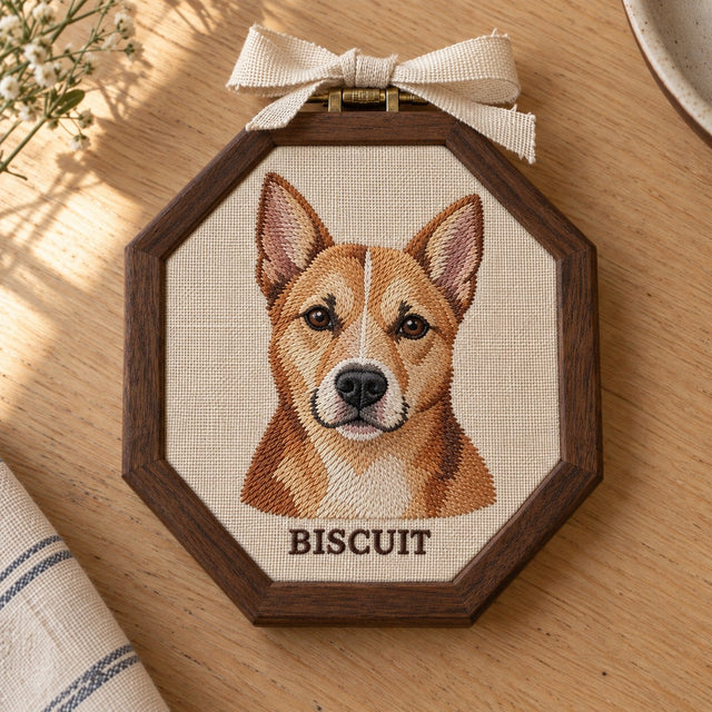 Embroidered dog portrait named BISCUIT in an octagon walnut-look frame