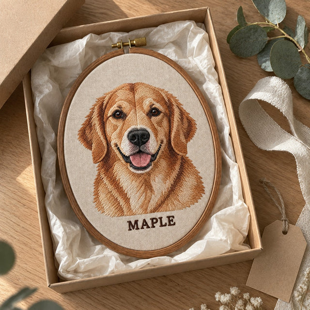 Embroidered pet portrait hoop in a kraft gift box