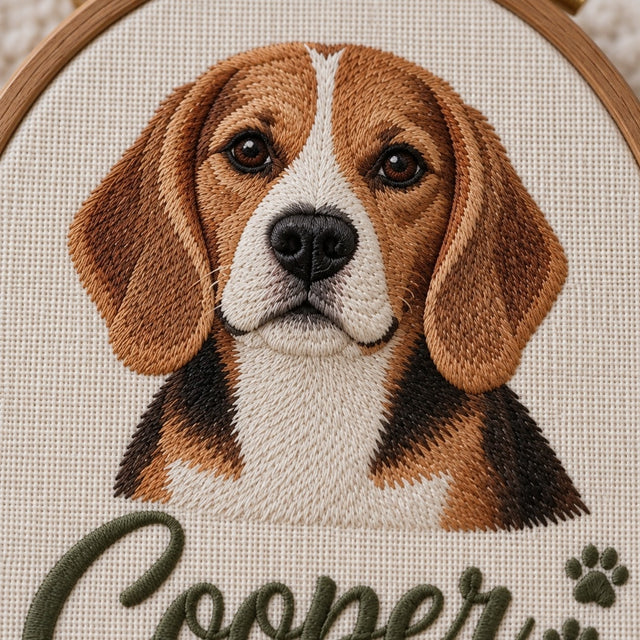 Close-up of the even flat machine stitches of the beagle portrait and script name on linen