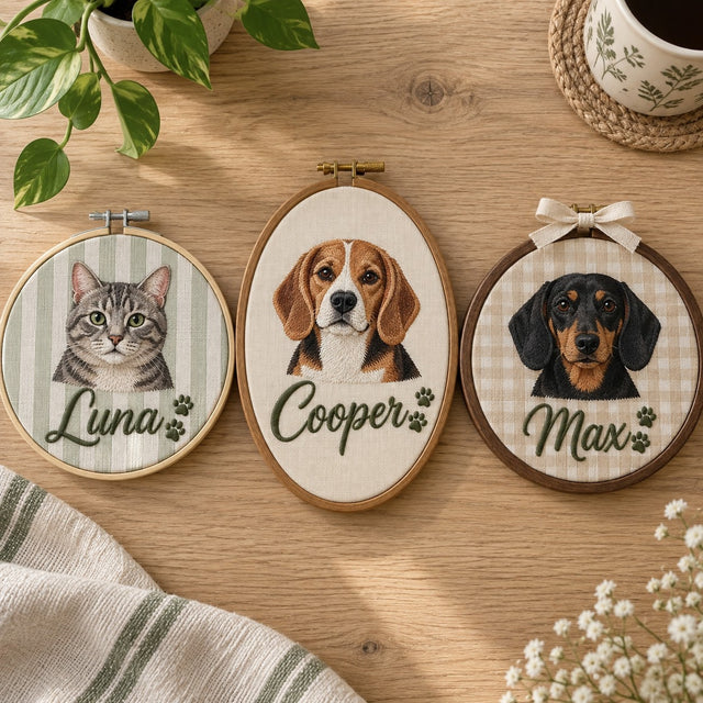 Three pet name hoops: a cat on sage stripe in bamboo, a beagle on cream linen in oval, a dachshund on beige gingham in walnut-look