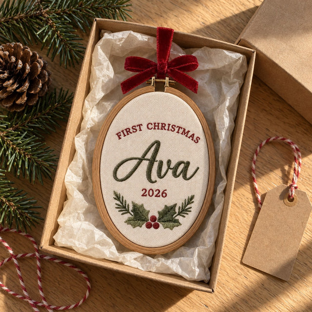 First Christmas ornament hoop in a kraft gift box with fir sprigs and baker's twine