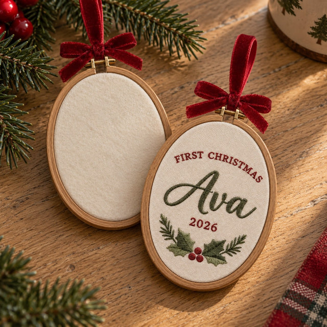 Back of the ornament finished with a felt-covered foam panel, next to the embroidered front